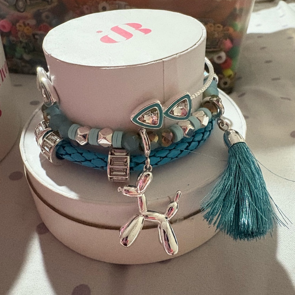 Bomb Party Silver and Teal Bracelet Set with Tassel